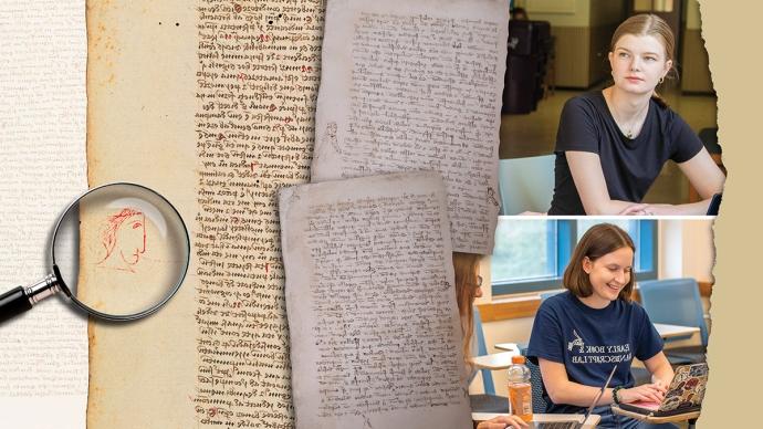 collage of madeline freeman and matilda krell with old manuscripts and a microscope