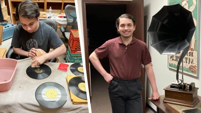 A portrait of Haniel Neves '25 posing next to a phonograph (left); Haniel cleaning records (right)