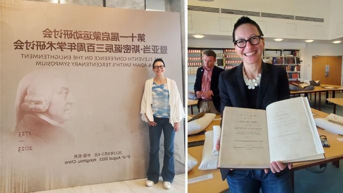 Maria Pia Panagelli博士.D., 2023年6月，格拉斯哥大学持有亚当·斯密的第一版《国富论》(左), 她去了杭州, 中国, 2023年8月亚当·斯密三百周年研讨会(右).