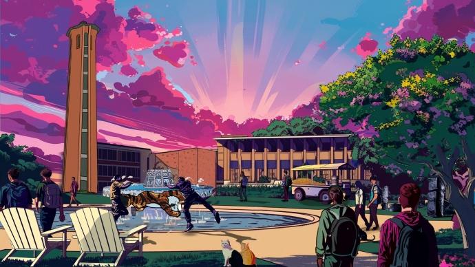 illustration of items depicting trinity university's campus, 比如默奇森塔, 米勒喷泉, 玉米片车, 山荣誉, 学生, 和建筑