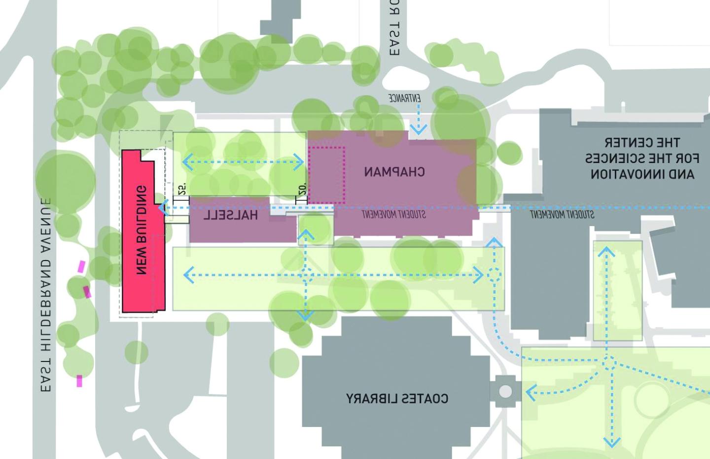 校园地图的一部分显示了新迪克大楼的位置